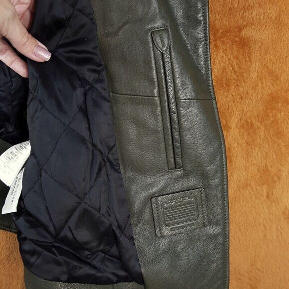 COACH Womens Jacket Small Dark Green Heavy Leather Moto Lined Biker ICON $1245 - Picture 7 of 11